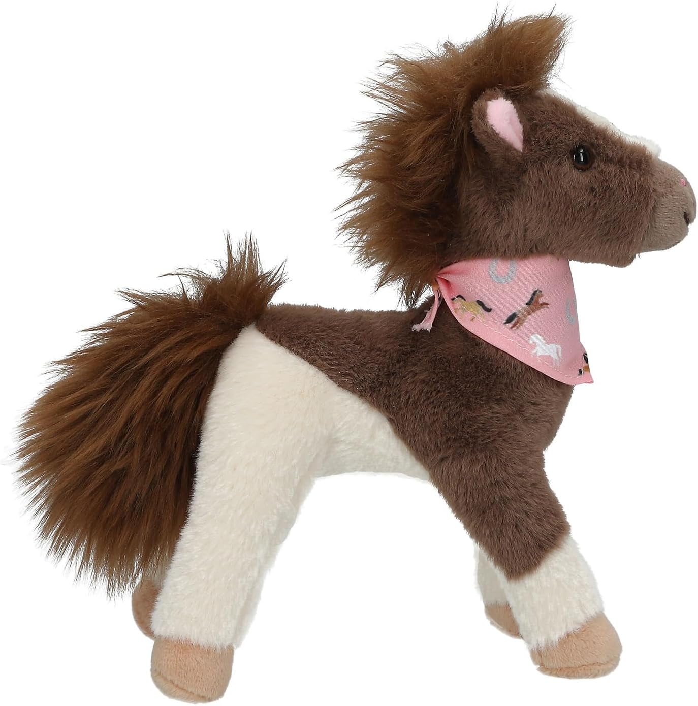 Plush toy horse with a pink bandana on a white background