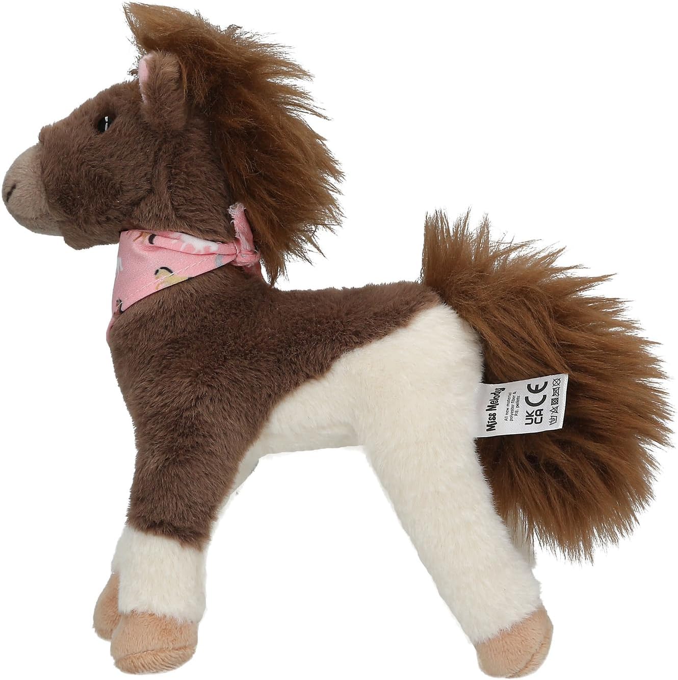 Plush toy horse with a pink bandana on a white background