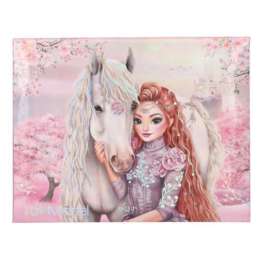 Illustration of a girl with a white horse in a cherry blossom setting, featuring Top Model branding.