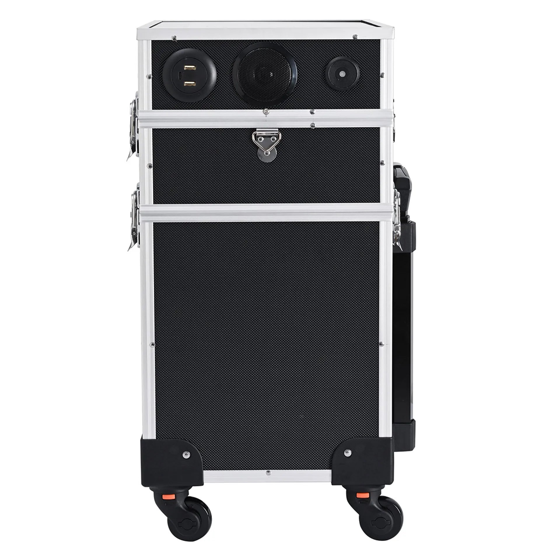 Black and silver grooming case with wheels on a white background