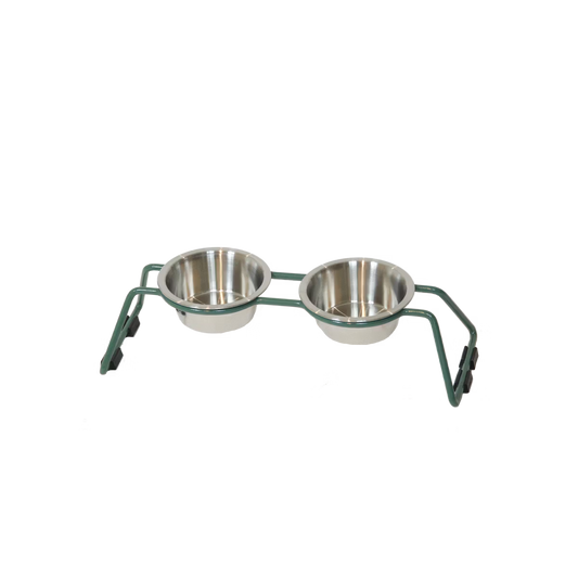 Set of two stainless steel pet bowls on a transparent background