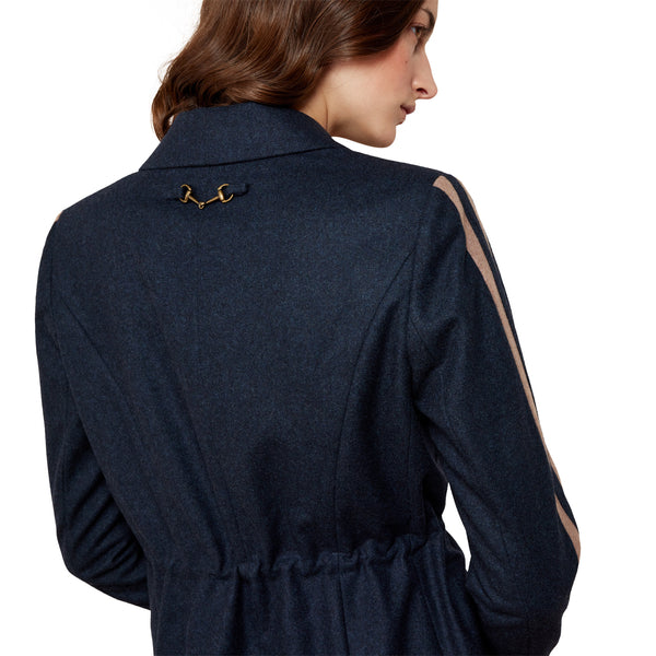 Navy blue coat with a gold button on a white background