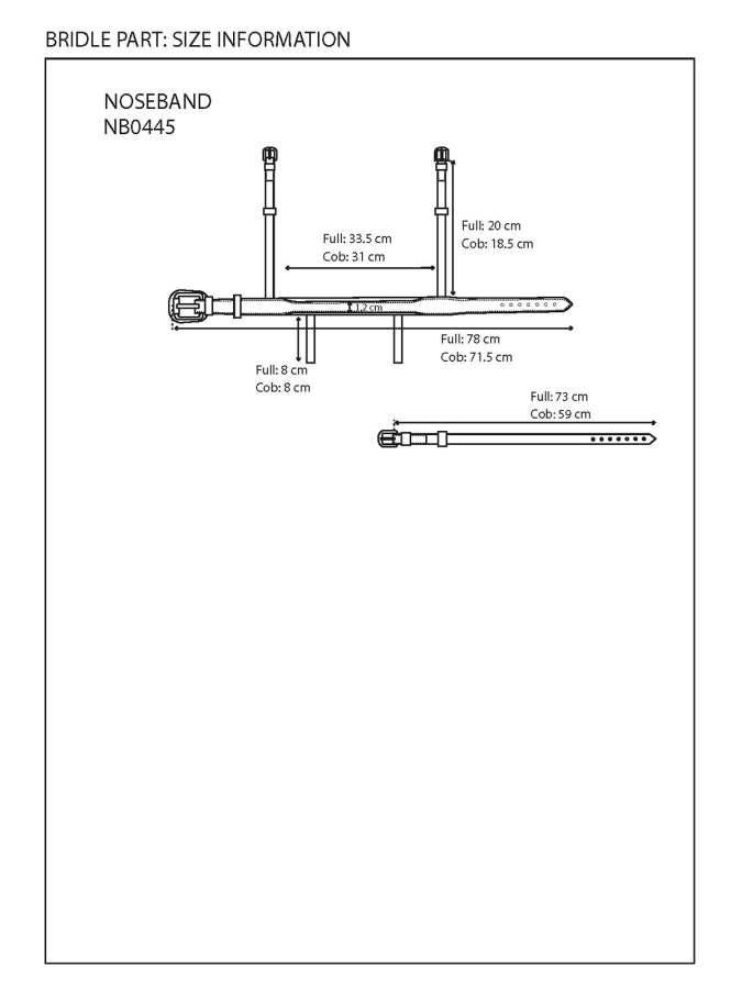 A black-and-white technical size chart for a noseband, labeled 'BRIDLE PART: SIZE INFORMATION' and 'NOSEBAND NB0445'. The diagram shows front and side views with measurements for full length and color options in centimeters.