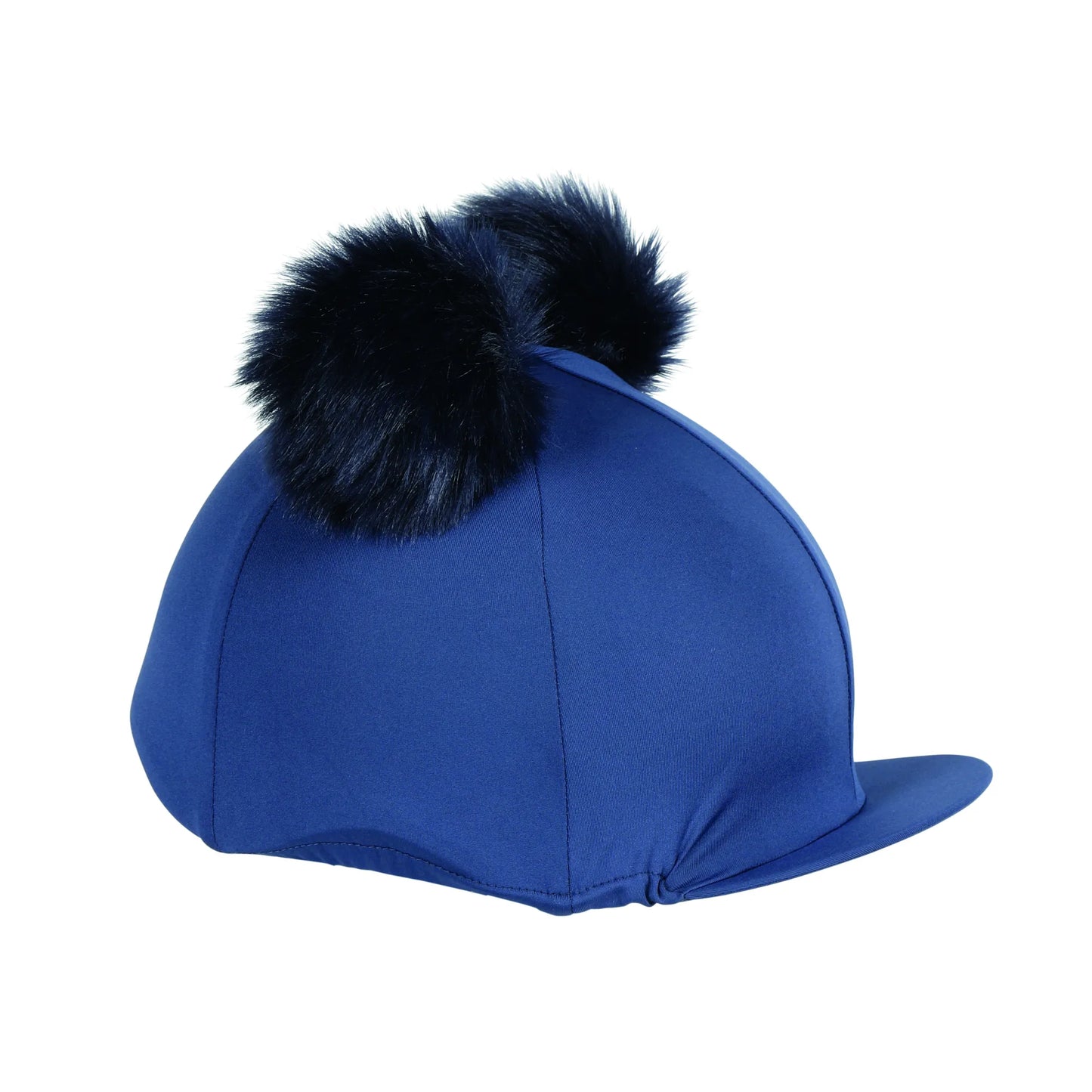 Blue equestrian helmet with black fur pom-poms on a white background