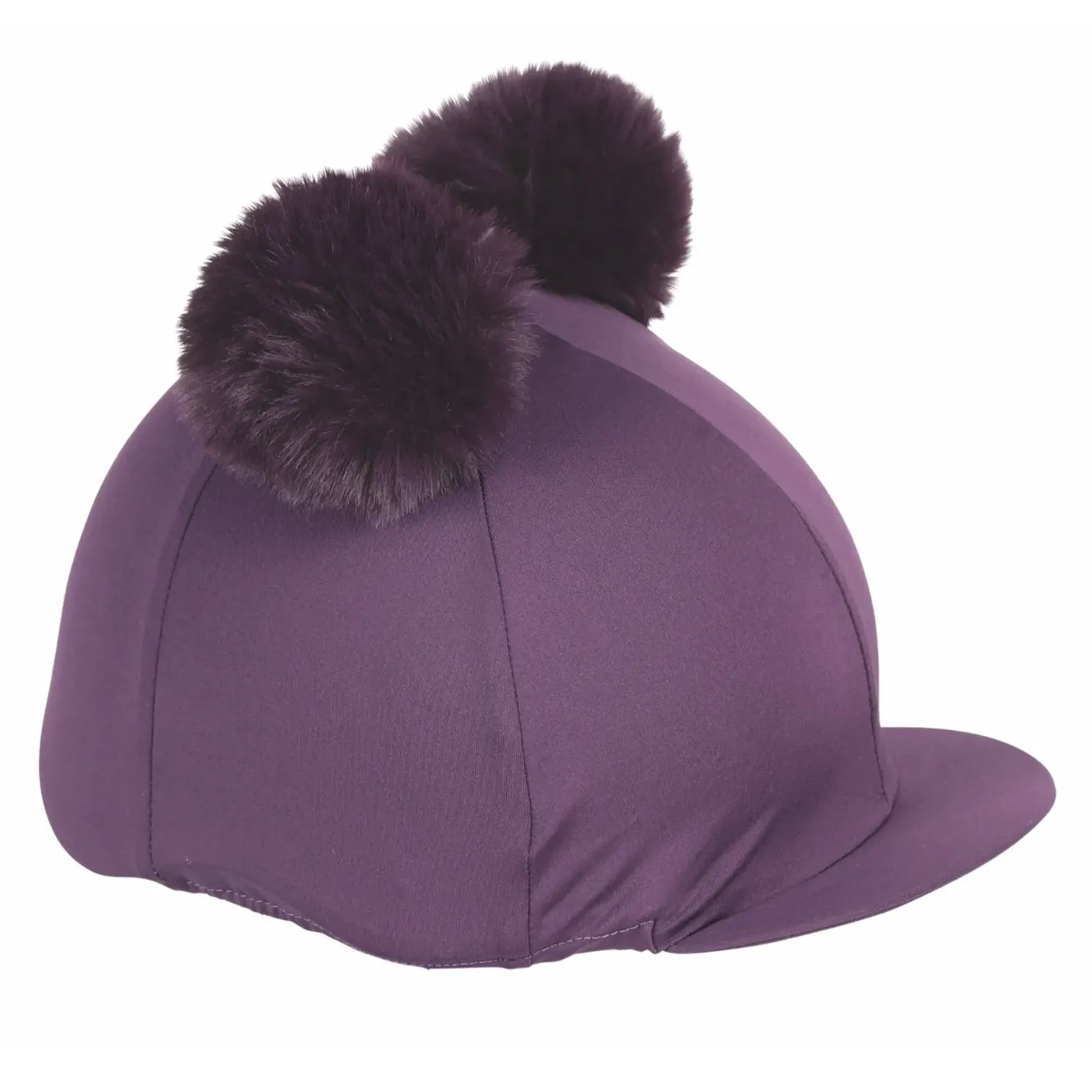 Plum equestrian helmet with fur pom-poms on a white background