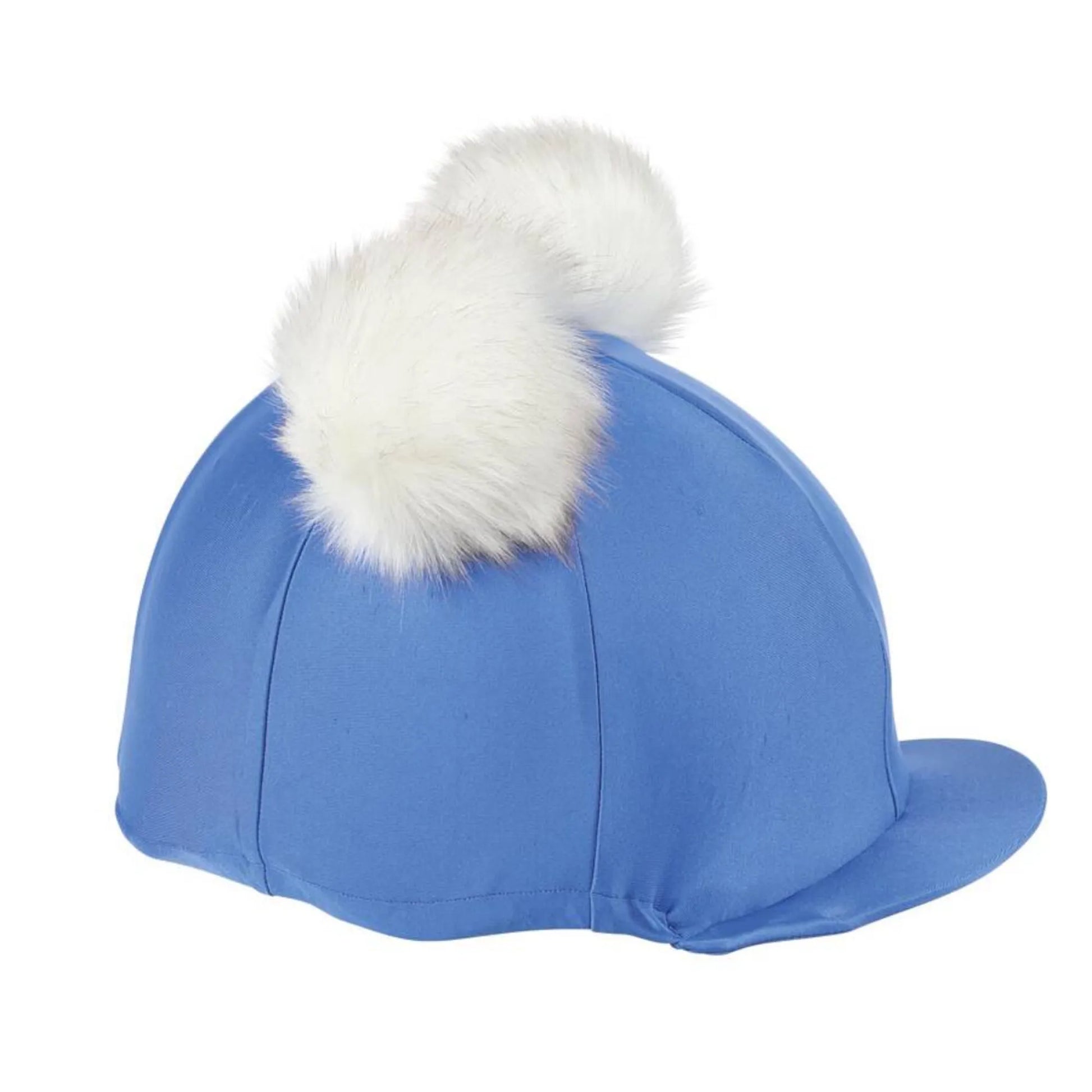 Blue riding helmet with a white fur pom-pom on a white background