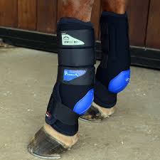 Equestrian leg guards on a horse's legs with a stable in the background