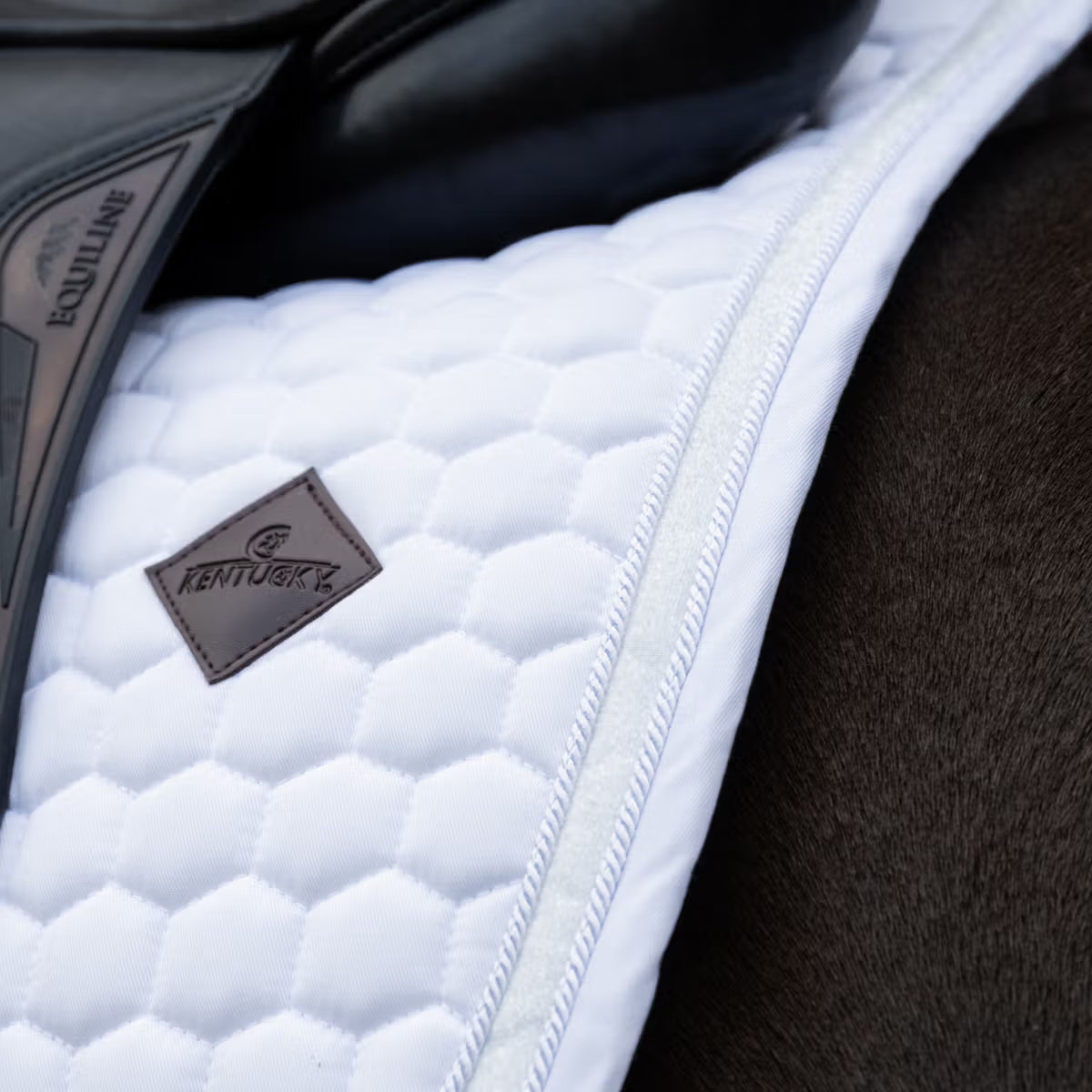 Detail of  a white saddle pad with a Kentucky logo