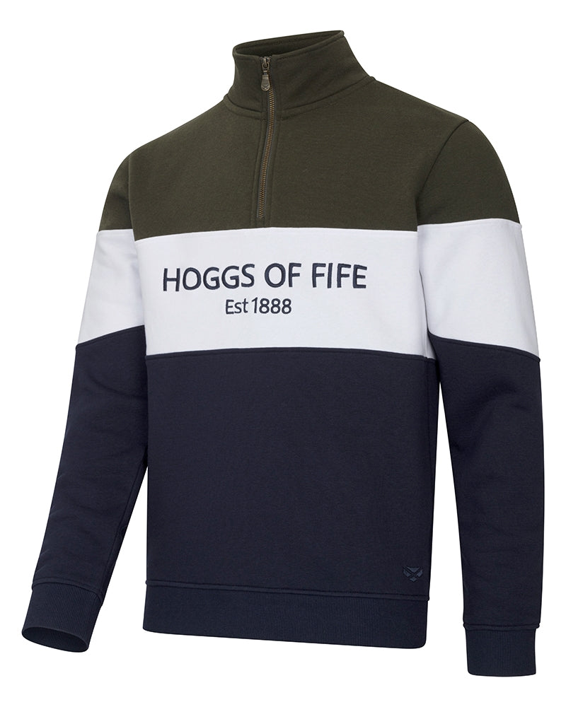 Navy and green half-zip sweatshirt with 'Hoggs of Fife' branding on a white background