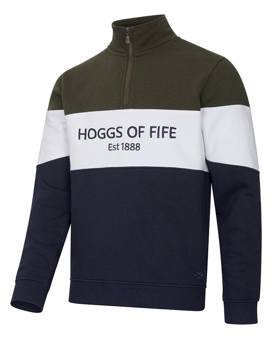 Navy and green half-zip sweatshirt with 'Hoggs of Fife' branding on a white background