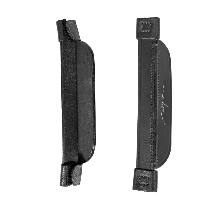 A pair of black DY'ON blinkers with fancy stitching, designed for horses, showing the front and side views.