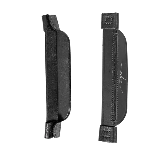 A pair of black DY'ON blinkers with fancy stitching, designed for horses, showing the front and side views.