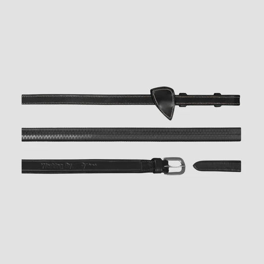 Set of black leather belts with buckles on a light gray background