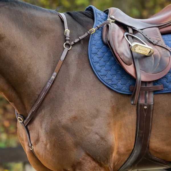 Horse with a blue saddle pad and brown leather saddle