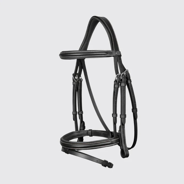 Black horse bridle on a light gray background