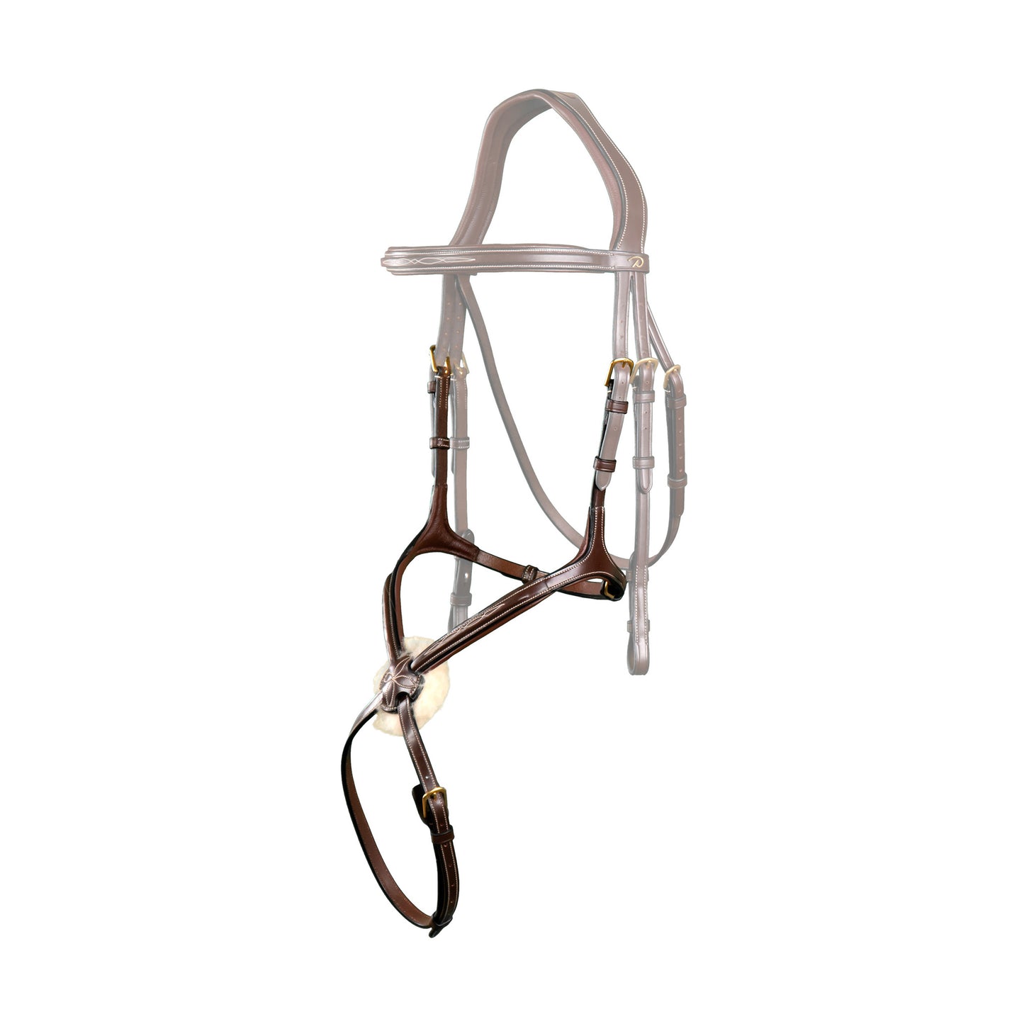A brown grackle noseband with decorative topstitching, figure 8 noseband without rings, and compatibility with headpieces of the D Collection.