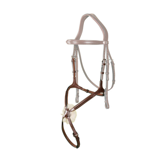A brown grackle noseband with decorative topstitching, figure 8 noseband without rings, and compatibility with headpieces from the New English Collection.