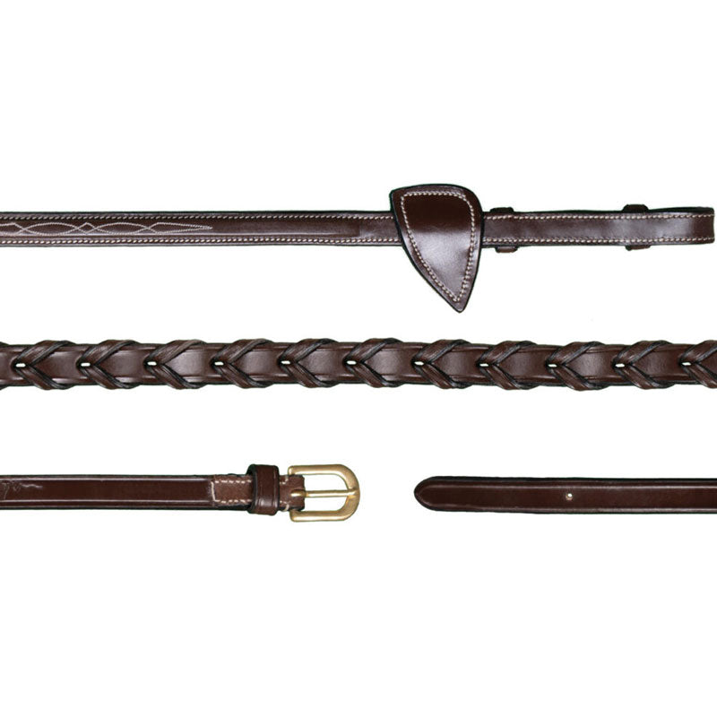 Three brown leather belts with different designs on a white background