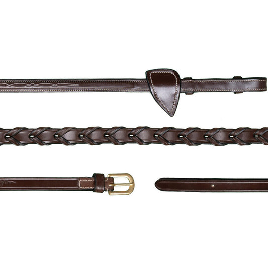 Three brown leather belts with different designs on a white background