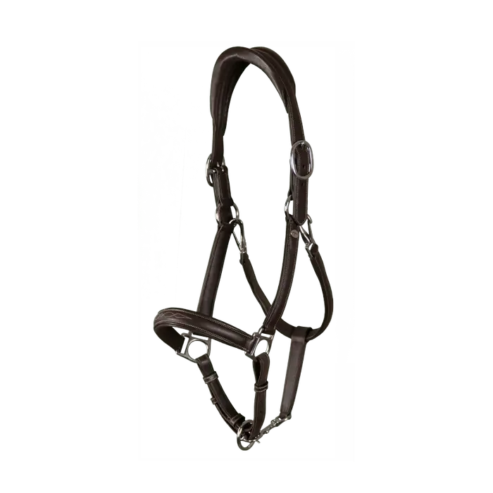 A brown soft leather headcollar with adjustable headpiece and noseband, featuring decorative stitching and extra-comfort padded lining.