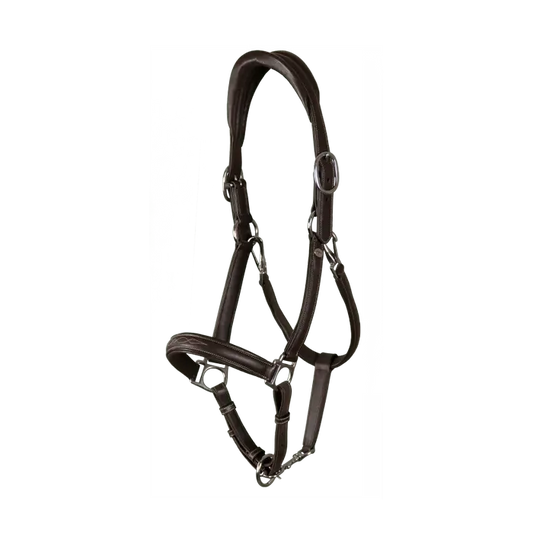 A brown soft leather headcollar with adjustable headpiece and noseband, featuring decorative stitching and extra-comfort padded lining.