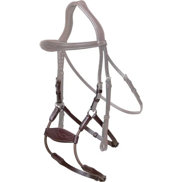 Horse bridle with brown leather straps on a white background