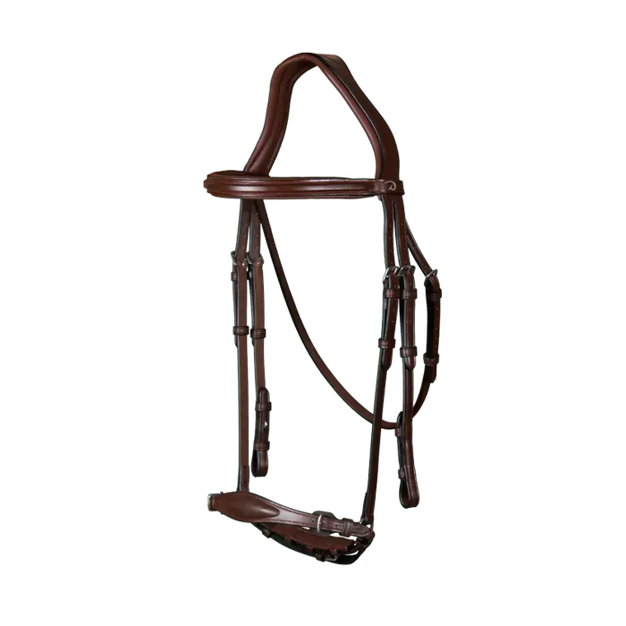 A brown horse wearing a DY'ON adjustable drop noseband bridle from the New English Collection.