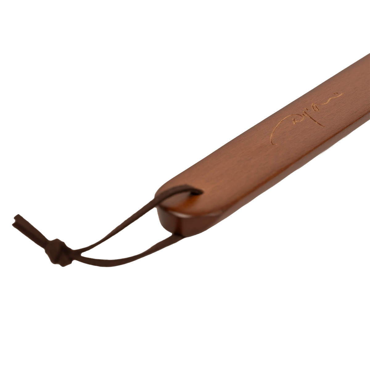 A close-up of a brown wooden paddle or handle with a dark brown leather loop and cord, featuring an engraved script logo, set against a plain white background.