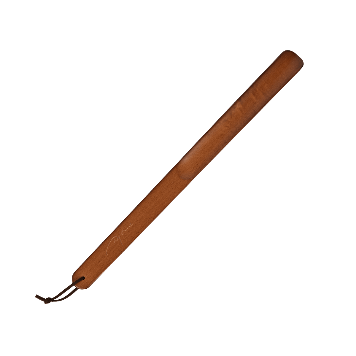 A long, slender brown wooden paddle with a dark brown leather loop and cord at one end, shown diagonally on a plain white background.