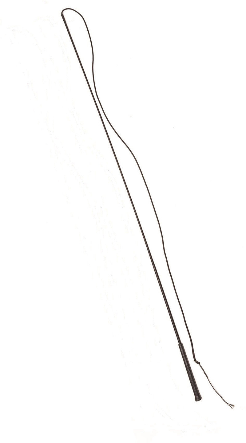 A black lunge whip on a white background
