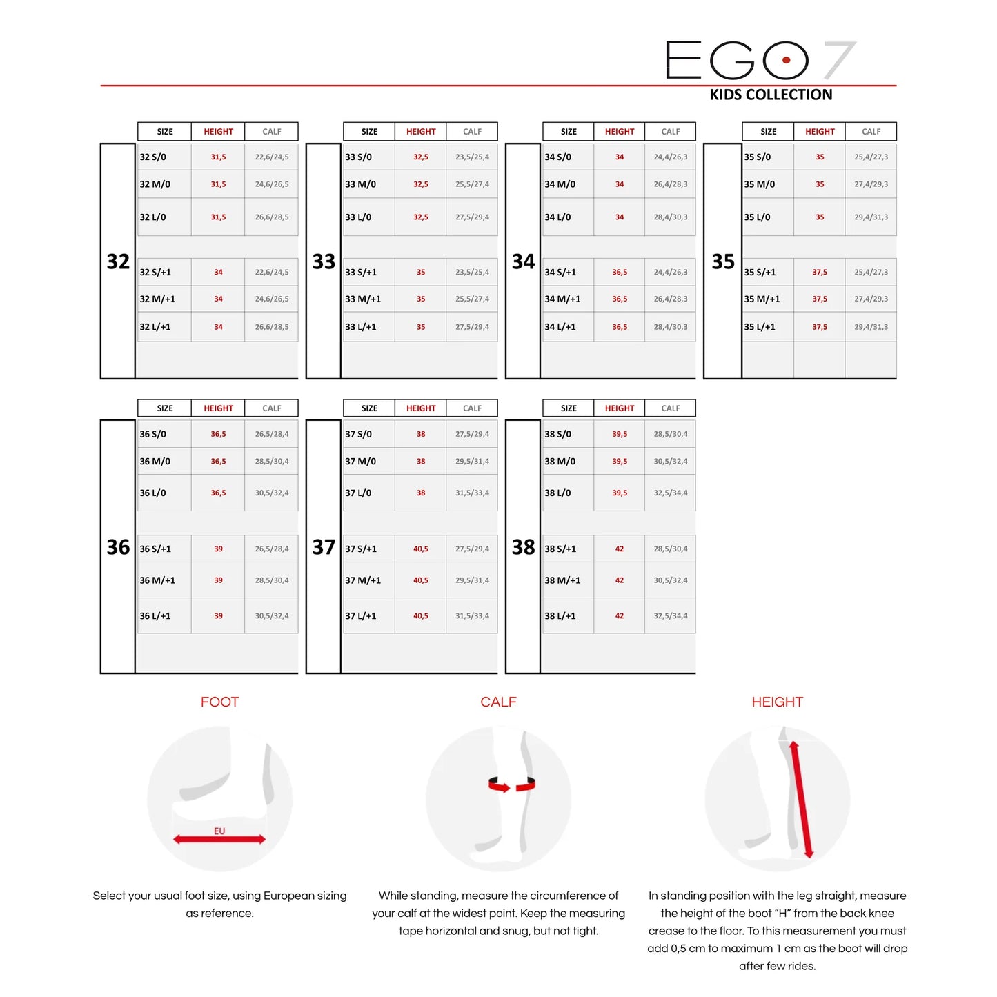 Measurement chart for children's shoes with EGO7 branding