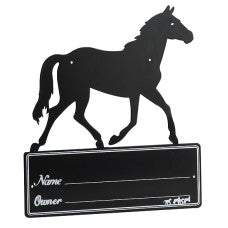A black metal silhouette horse wall sign with a rectangular nameplate base, shown against a plain white background.