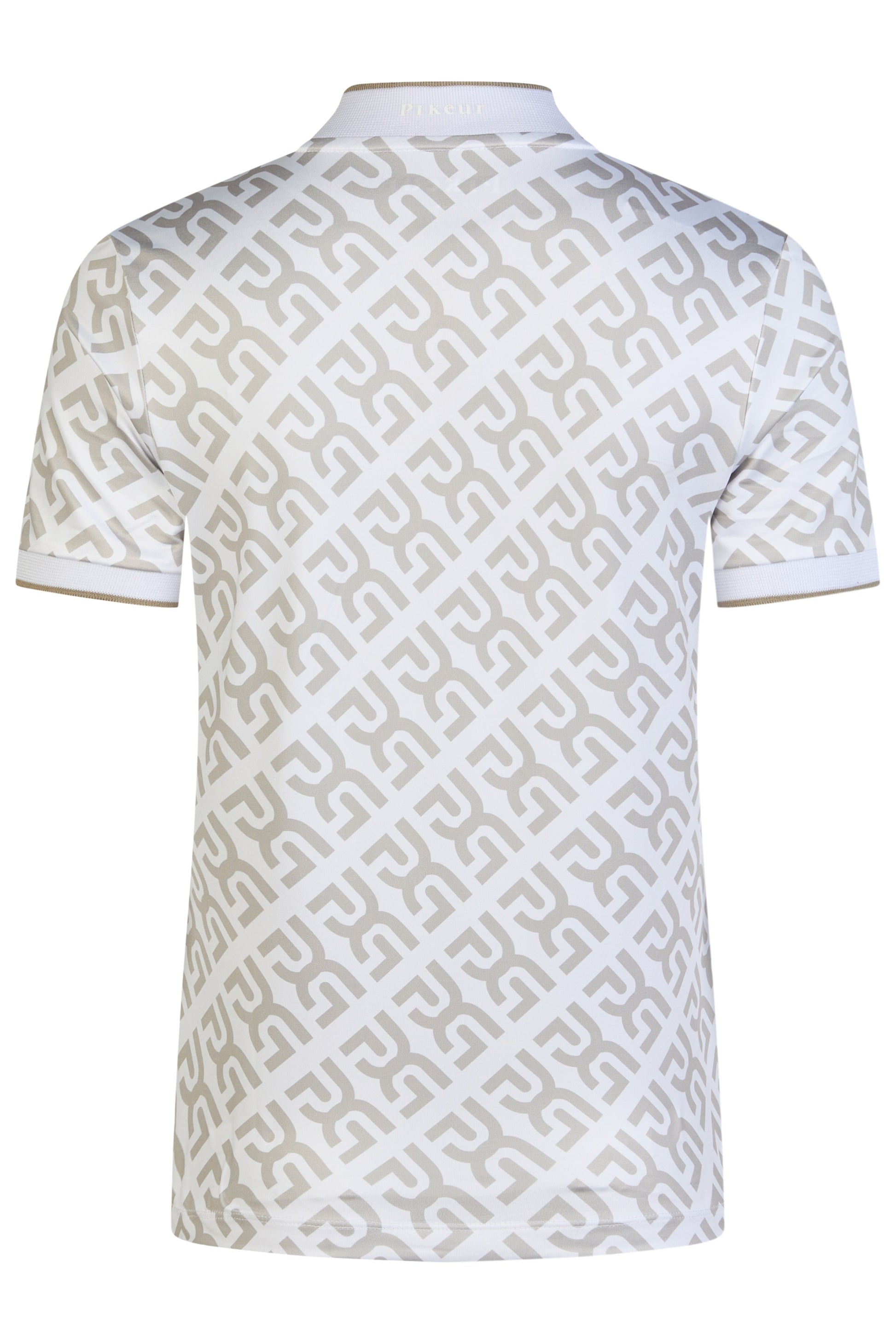White polo shirt with geometric pattern on a white background