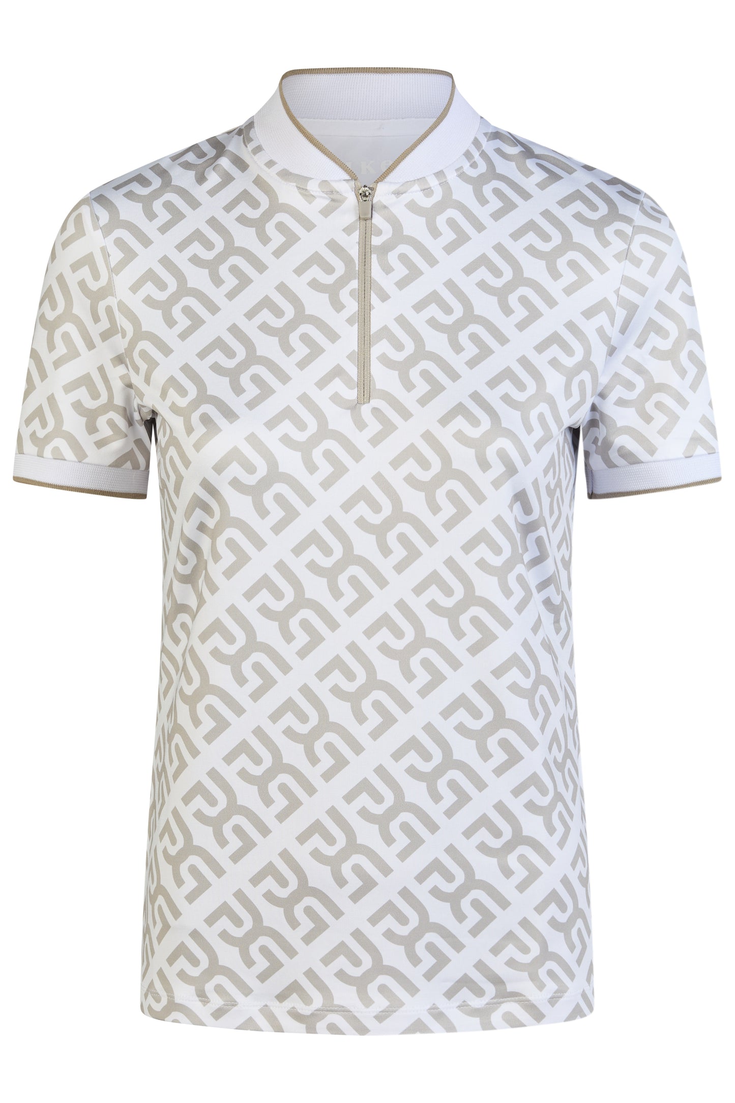 White polo shirt with geometric pattern on a white background