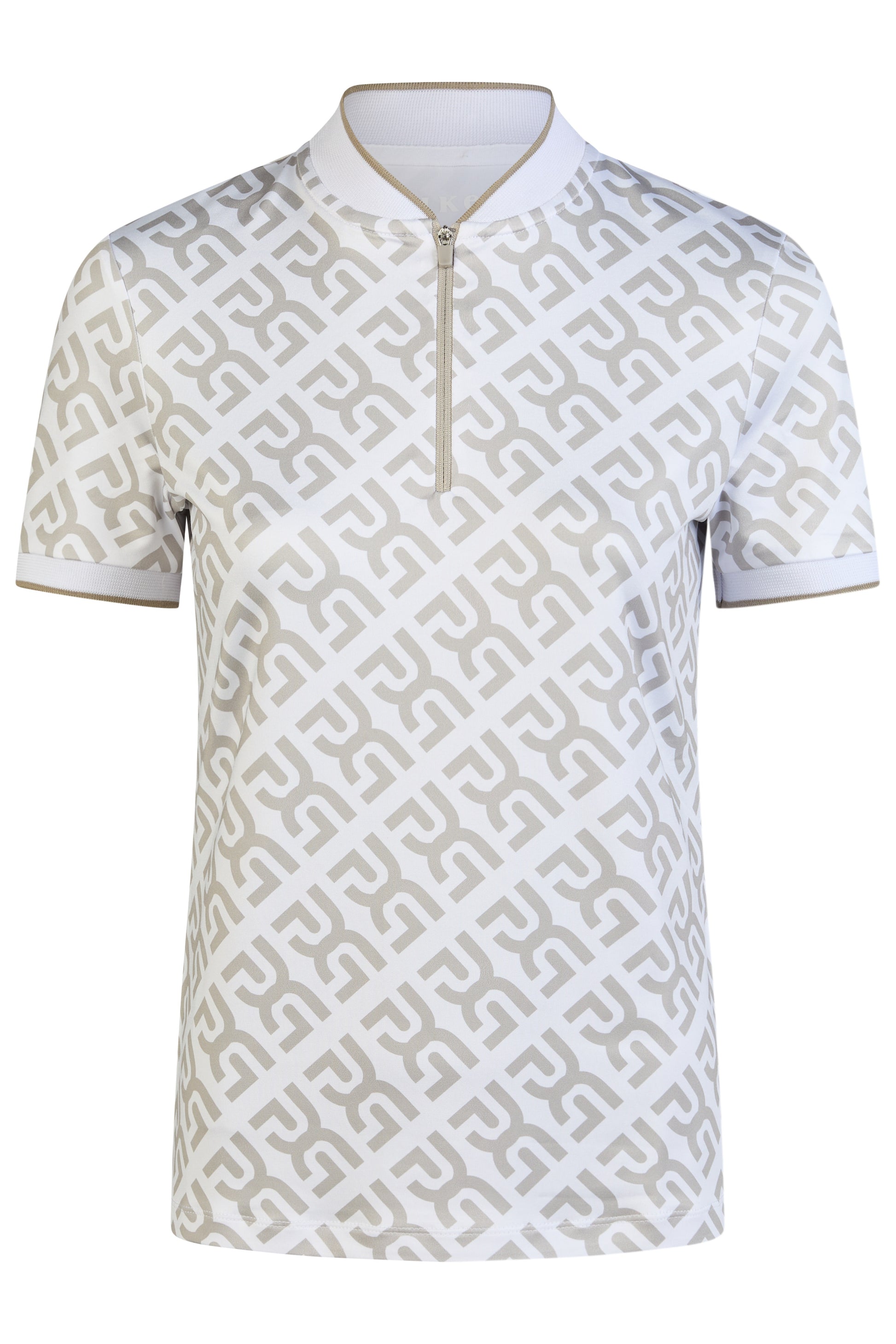 White polo shirt with geometric pattern on a white background