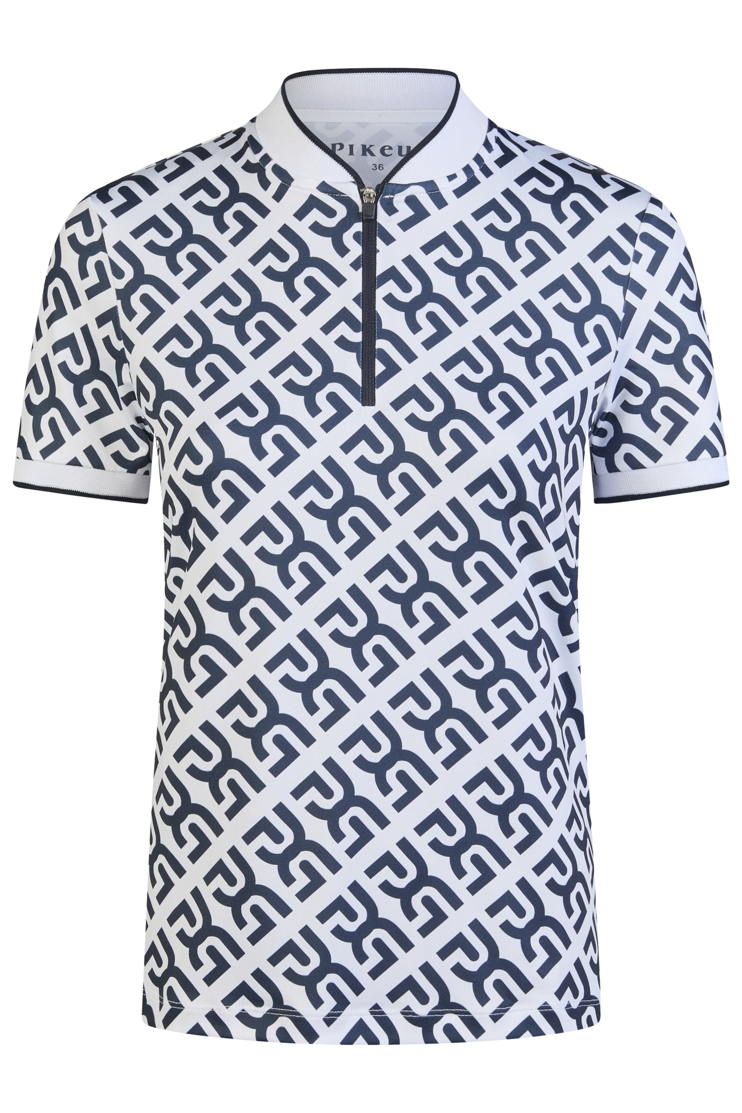White polo shirt with black geometric pattern on a white background