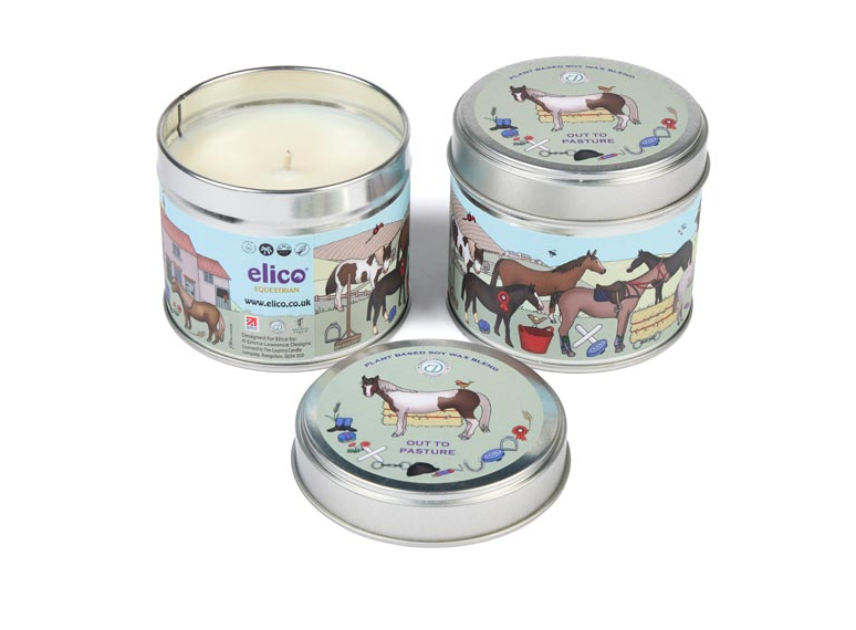 Two tins of candles with horse designs on the lids, featuring the brand 'elico'.