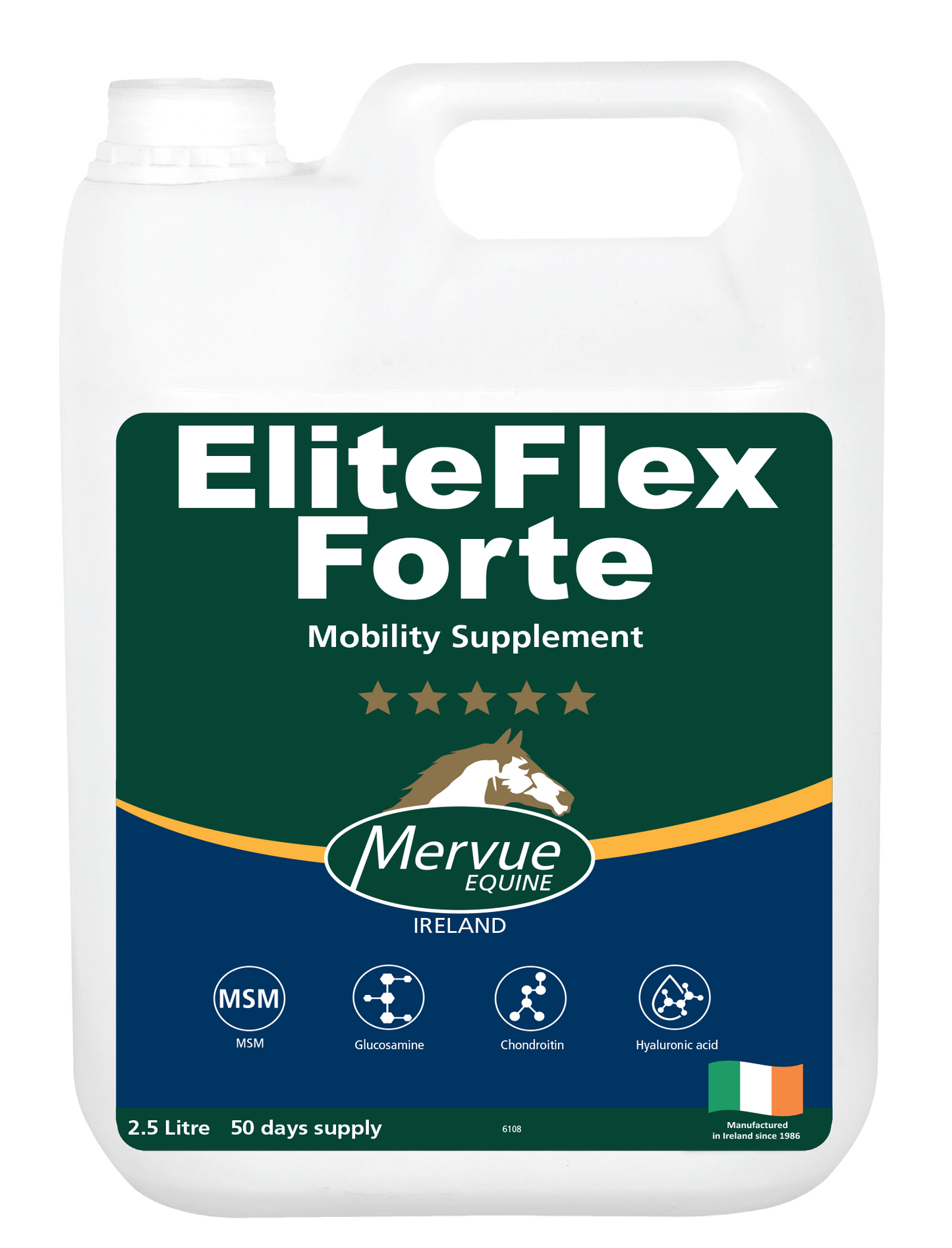EliteFlex Forte Mobility Supplement container for horses by Mervue Equine on a white background