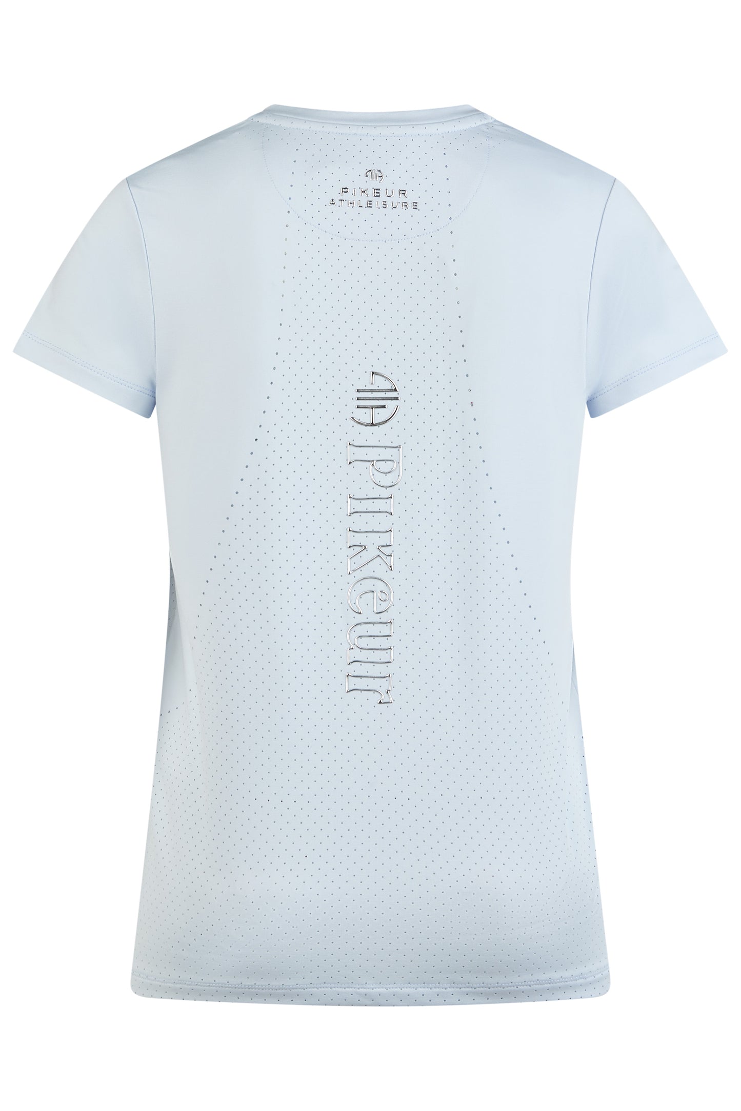 Back of a blue t shirt with perforations and the Pikeur logo