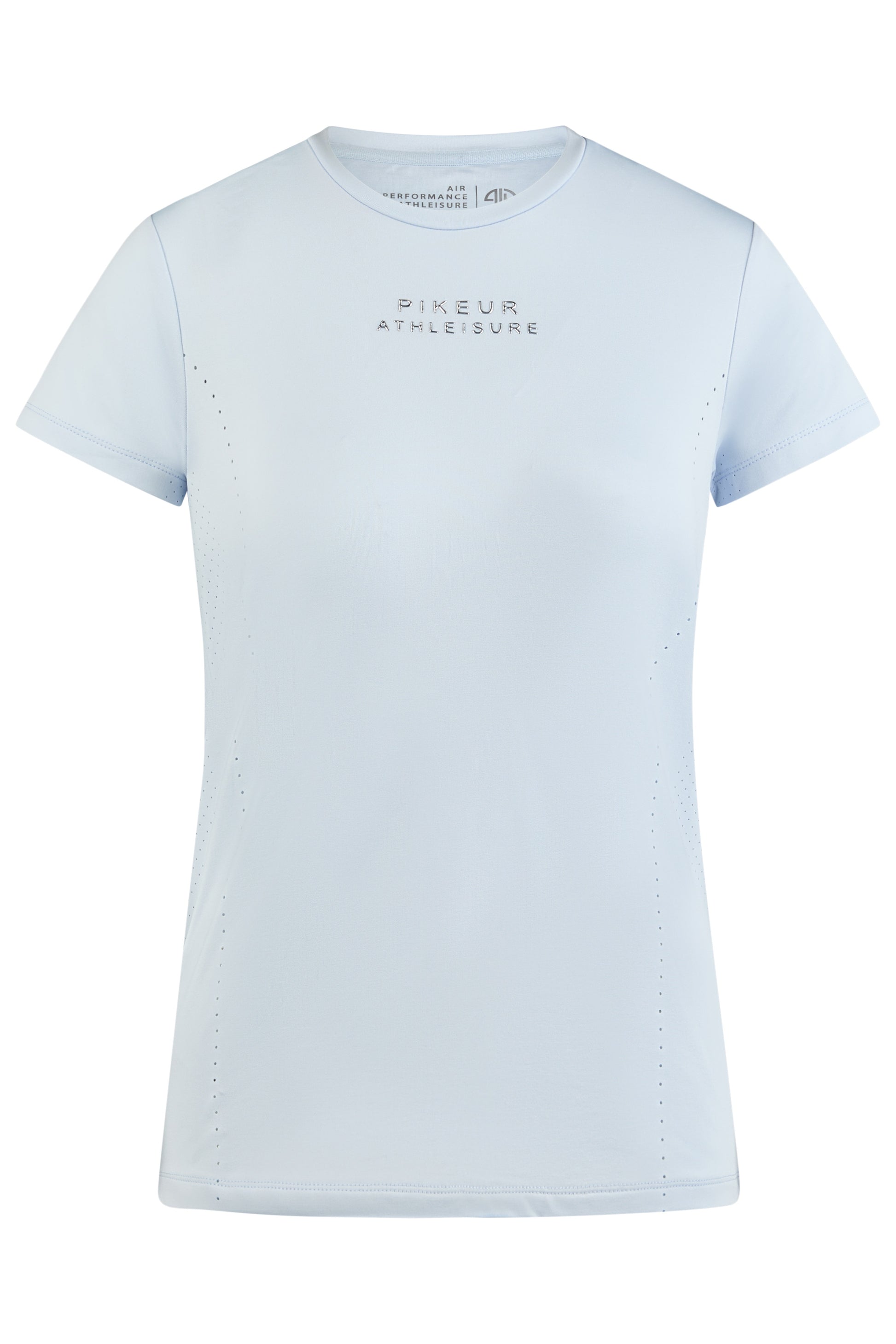 A blue t shirt with perforations and the Pikeur logo