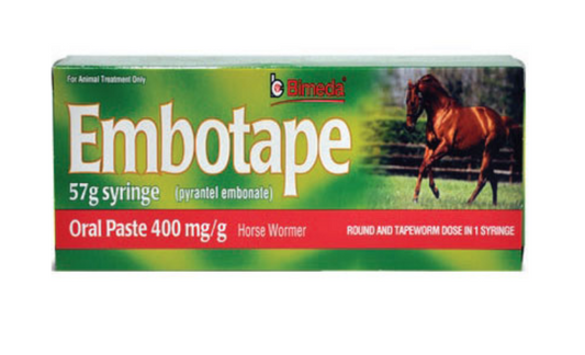Box packaging for Embotape 57g Wormer for horses showing the product name, dose size, and an image of a horse.