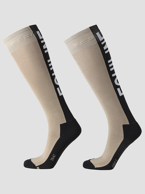 A pair of beige and black athletic crew socks with white 'EQUILINE' branding printed vertically on the side, displayed against a light gray background.