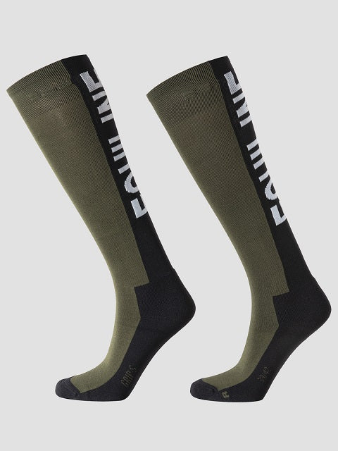 A pair of dark green knee-high athletic socks displayed against a light gray background, showing different angles of the knit texture and design.
