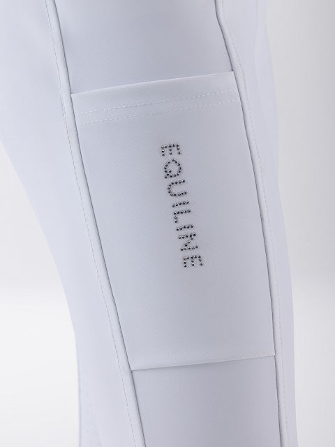 Close-up of white equestrian riding breeches showing a side pocket with the brand name 'EQUILINE' printed vertically in black.