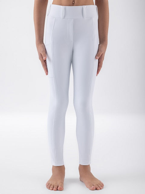White high-waisted riding tights worn by a model, shown from the waist down against a clean white studio background.