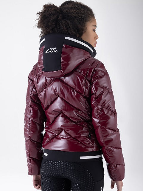 A model shown from the back wearing a shiny, quilted puffer jacket in deep burgundy. The jacket features a black hood with white trim and a white stylized logo on the back.