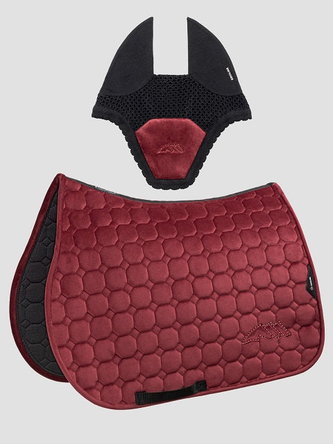 An equestrian saddle pad set featuring a large burgundy quilted saddle pad with black sides and a matching black and burgundy horse bit, displayed on a light gray background.