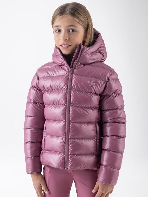 Girl wearing a pink jacket on a neutral background