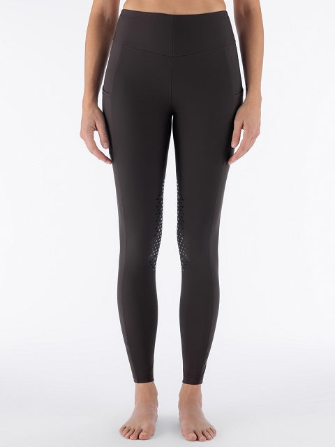 Brown high-waisted athletic leggings with textured knit side panels, shown on a model against a plain white background.