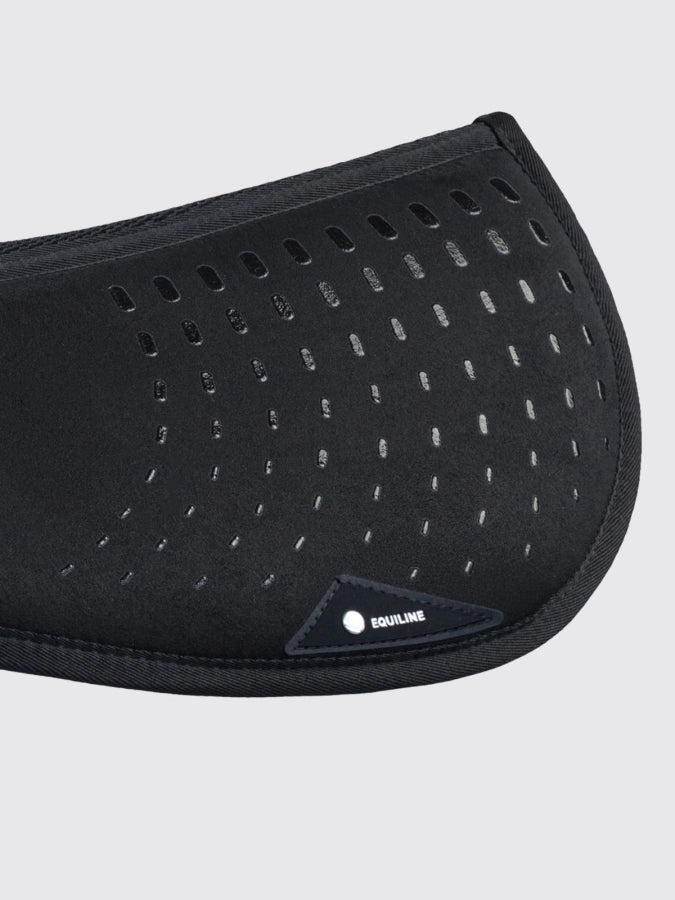 Black equestrian saddle pad with brand logo on a light gray background